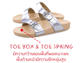 ภาพรองเท้าแตะเพื่อสุขภาพ Klas & Sylph รุ่น Alison สีเงิน แสดงตำแหน่ง toe box และ toe spring